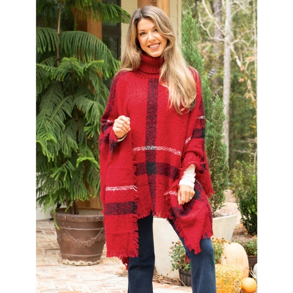 Sweaters - Easy On Me Plaid Turtleneck Poncho - Red